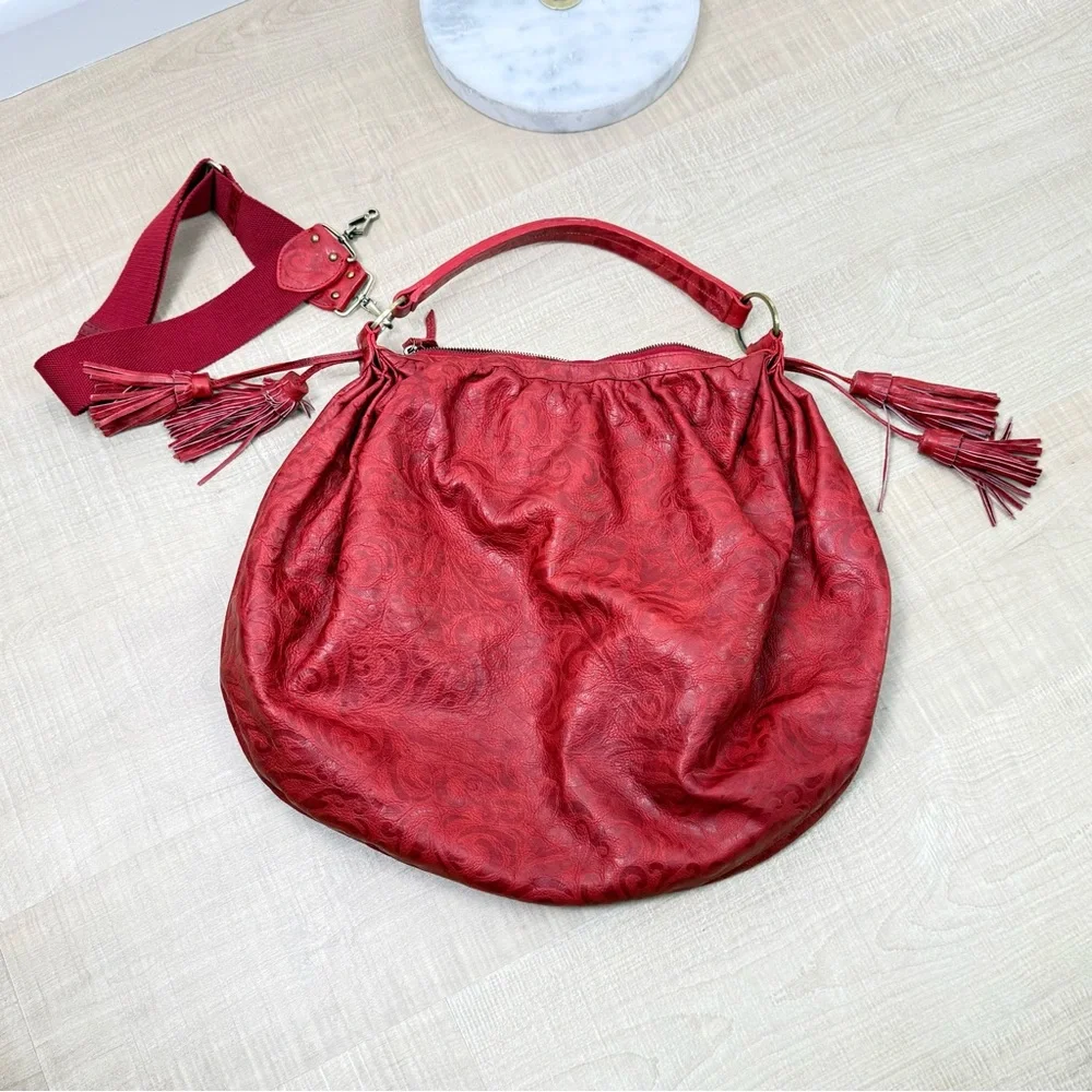 SABINA NEW YORK Red Embossed Leather Hobo Bag Tassels Vintage